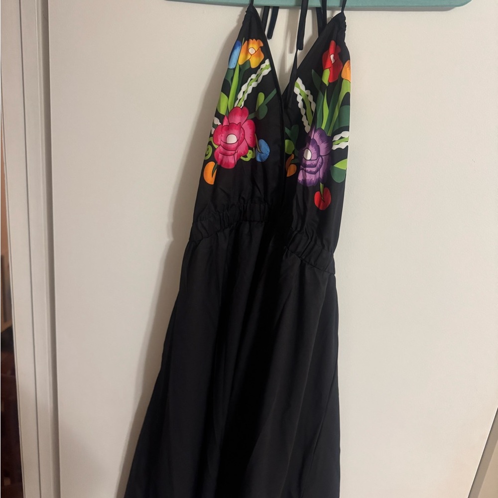 Black Halter Dress with Floral Design